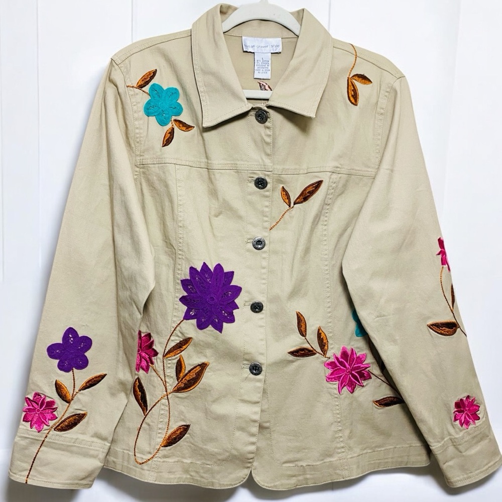 Susan Graver NWT Boho‎ Light Tan Floral Embroidered Stretch Denim Jacket Large